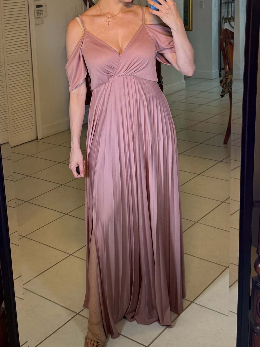 Asos Pleated Maxi Prom Bridesmaid Dress with Cold Shoulder in Rose